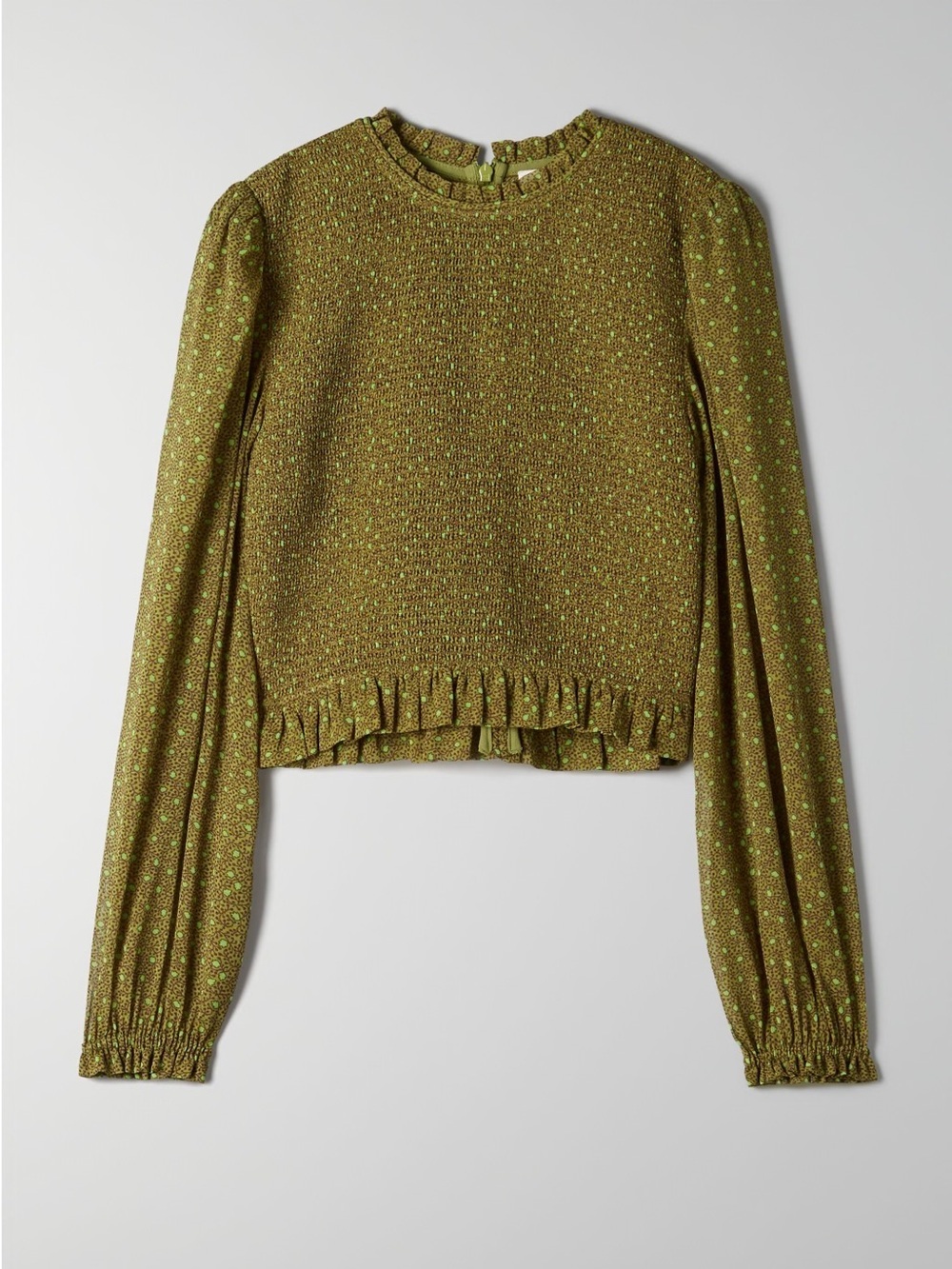 Aritzia Olive Green Speckled Long-Sleeve Ruffle-Hem Top